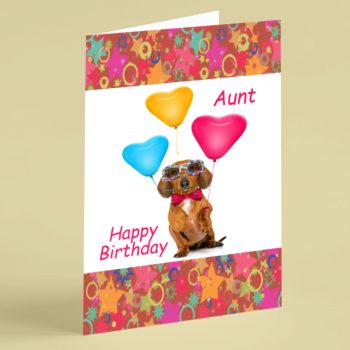 Dog wearing sunglasses with balloons Aunt birthday card